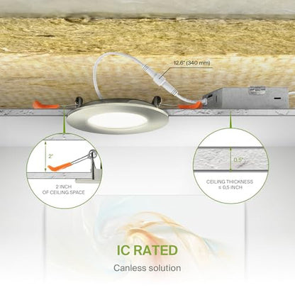 ASD 6 Pack 3 Inch LED Recessed Light 6W, 5 CCT 2700K-5000K CRI90+, IC Rated Ultra Thin Dimmable Ceiling Lights with J Box, Canless Wafer Downlight, Round Slim Panel Lighting, Energy Star ETL, Nickel - color: Nickel, size: 3 Inch 6 Pack