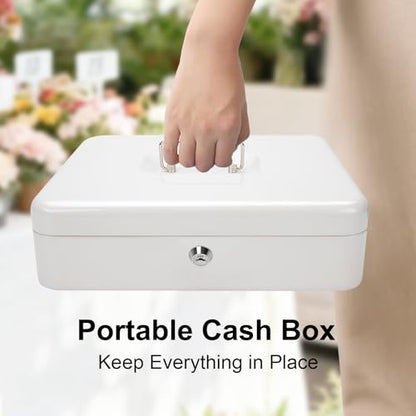 Jssmst Metal Cash Box with Money Tray and Lock, Portable Cash Drawer, 11.8" - color: White Key
