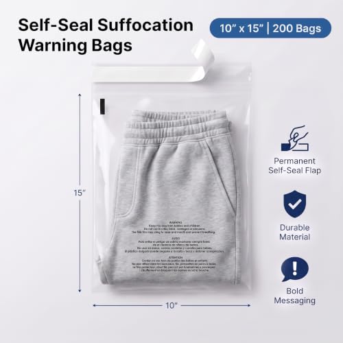 10” X 15” (200 Count) Self Seal Clear Poly Bags with Suffocation Warning - size: 10" x 15"