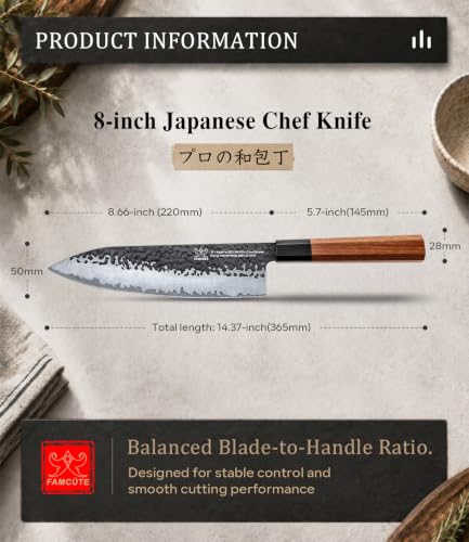 FAMCÜTE 8" Japanese Knife, Hand Forged Sharp Chef Knife w/Rosewood Handle - size: 8" Chef knife
