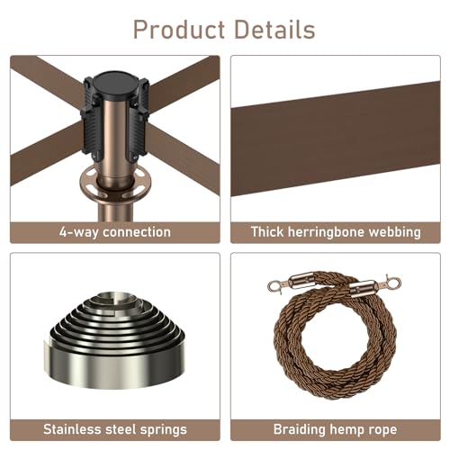 2Pack Stanchions with Retractable Belt and 2Pcs Hemp Rope (Rose) - color: Rose