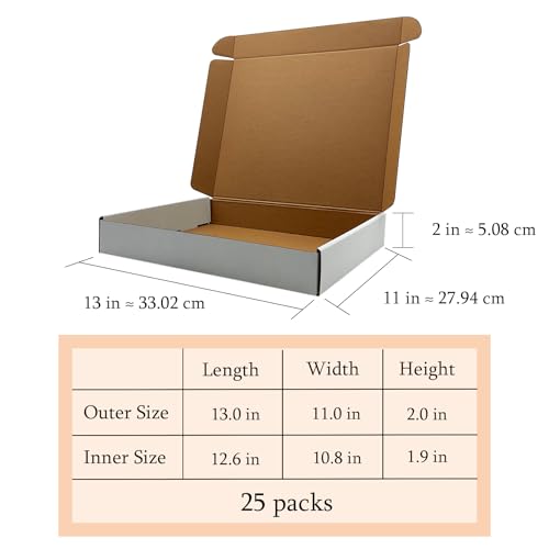 13x11x2 Inch Shipping Boxes Set of 25,White Corrugated Cardboard Mailers - size: 13x11x2 inches