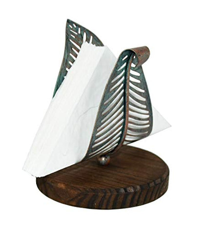 OwlGift Freestanding Modern Napkin Holder w/Golden Turquoise Metal Leaf & Brown Wooden Base Design, Tabletop Tissue Dispenser, Napkin Storage Organizer - color: Brown / Golden Turquoise