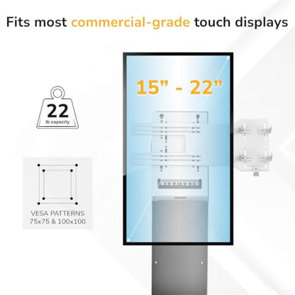Mount-It! POS Kiosk Floor Stand for Monitors, Fits 15–22" Screens up to 22 lbs, VESA 75x75 & 100x100, 30° Tilt, Printer Bay & Payment Terminal Bracket, Self-Service Check-in Kiosk Stand, White