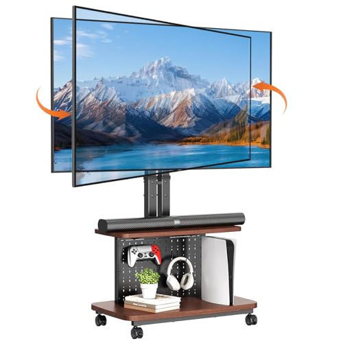 Mobile TV Cart on Wheels,Height Adjustable Rolling TV Stand for 32-85 inch TVs,with 5-Level Lift,35° Swivel,Portable Media Cart for Office,Outdoor - color: Walnut 1