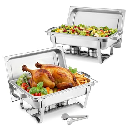 VEVOR Rectangle Chafing Dishes, 9 Qt 2 Pack Stainless Steel Chafing Dish, Food Warmer Chafer Complete Set with Hollow Handle, 1 Food Tongs, Lid, Canister Holder, Chafer Dishes for Banquet Wedding - size: 2 PACKS