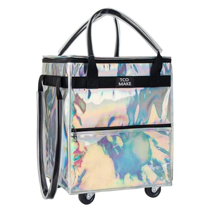 Small Phantom White Reusable Grocery Bag on Wheels, Folding Rolling Tote - color: Phantom White, size: Small