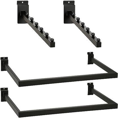 Therwen 4 Pcs Black Metal Slatwall Hooks Accessories Including 2 Pack U Shaped Hang Rail 2 Pack 6 Ball Waterfall Panel Hooks for Clothing Home Garage Shop Retail Display