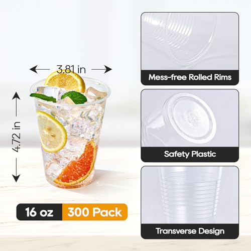 Turbo Bee 16 oz Clear Plastic Cups, 300 Count Disposable Party Cups for Beer, Soda & Iced Drinks, Bulk Cups for Barbecues & Large Gatherings - size: 16oz