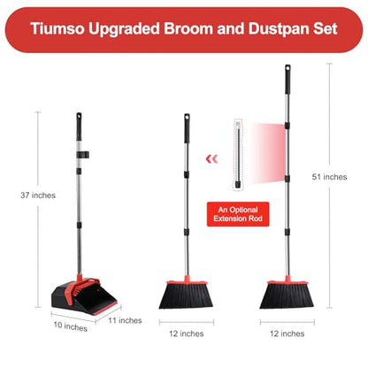 Broom and Dustpan Set for Home, 51" Long Handle Standing Dustpan Black Red - color: Black and Red