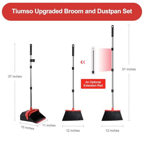 Broom and Dustpan Set for Home, 51" Long Handle Standing Dustpan Black Red - color: Black and Red