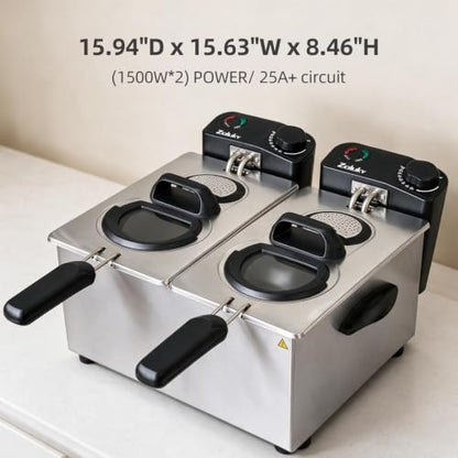 7.4QT Double Deep Fryer with Oil Filtration System, 3000W Dual Basket Electric Deep Fryer for Home Use with 2 Baskets, Large Countertop Fryer with Viewing Window and Adjustable Temperature
