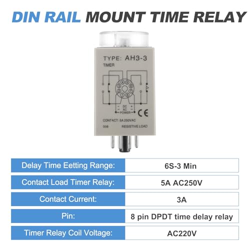 MECCANIXITY AC220V Timer Relay, Time Relay Timing Delay on Time 8 Pin 6S-3 Min Knob Control with Socket, AH3-3