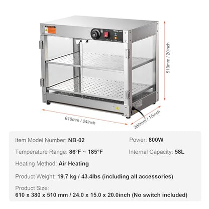 VEVOR 2-Tier Commercial Food Warmer Display, 800W Food Display Warmer with Light to Enhance Food Display, 86℉~185℉ Temperature Control, 58L Large Capacity for Hamburger, Pizza, Bread, Fried Chicken - size: 2-Tier-61Qt