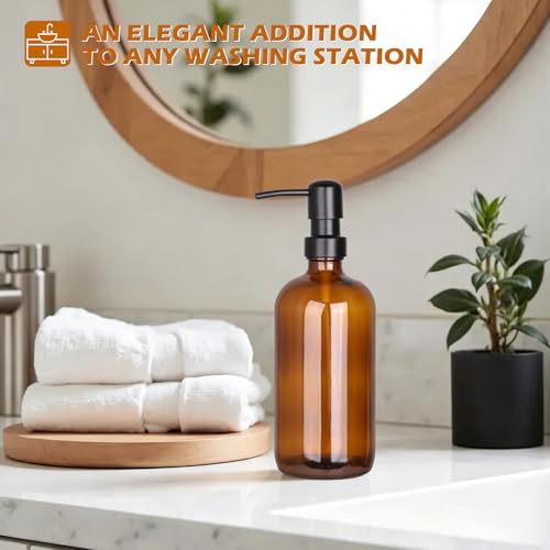 GeeRic 32 Ounce Glass Soap Dispensers, 2 Pack Refillable Amber Glass Bottles with Stainless Steel Pump, Bathroom Kitchen Liquid Dispenser for Hand Soap, Lotion, Shampoo