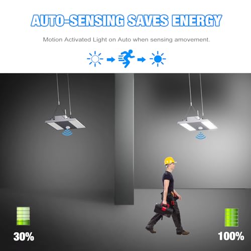 210W LED Linear High Bay LED Shop Lights with PIR Sensor, 4-Pack 31500LM 0-10V Dimmable 5000K Daylight, Adjustable LED High Bay Shop Lights Lighting Fixtures for Garage Warehouse Workshop, UL