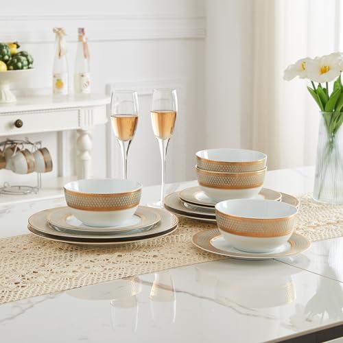 Porcelain Dinnerware Set with Real Gold Trim (Geometric Pattern,Service for 4) - size: Service for 4
