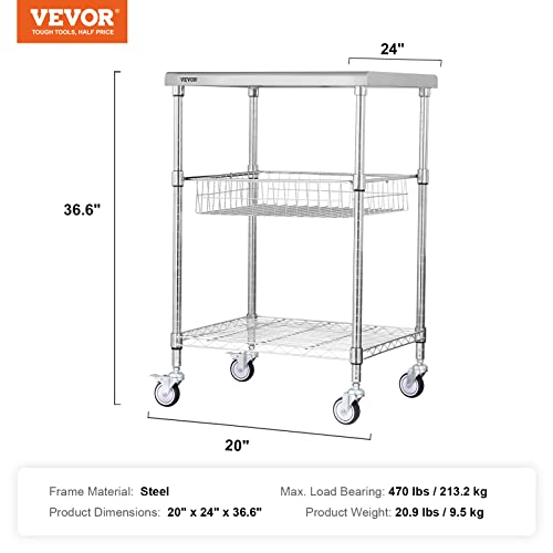 VEVOR Kitchen Utility Cart, 36.6"x20"x24" 3 Tiers Wire Rolling Cart, 470LBS Capacity Steel Service Cart with Brake Wheels, Storage Trolley with 76mm Basket PP Liner 6 Hooks, for Indoor & Outdoor Use - size: 24"D x 20"W x 36.6"H, style: Drawer Cart