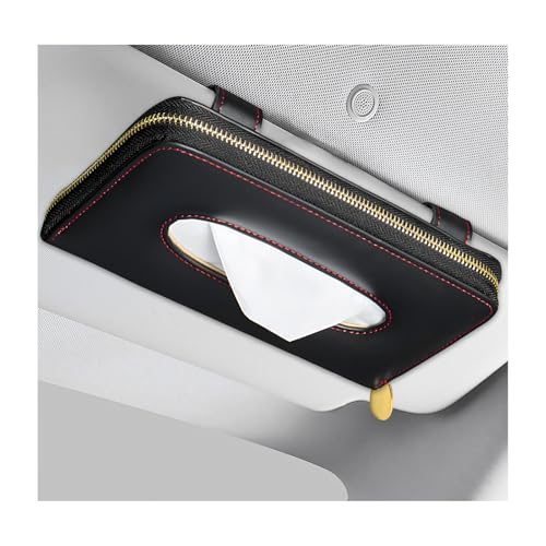 Car Tissue Holder, PU Leather Auto Sun Visor Tissue Case Napkin Holder with Zipper, Rectangular Mask Dispenser Hanging Paper Towel Organizer for Cars SUVs Trucks RVs (Black) - color: Black