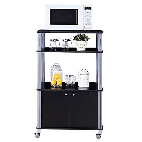 Giantex Rolling Kitchen Bakers Rack Microwave Oven Stand Utility Cart Multifunctional Display Shelf on Wheels with 2-Tier Shelf and Cabinet Spice Organizer for Kitchen Dining Room Furniture (Black) - color: Black