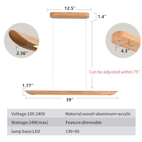 39" 24W Wood LED Linear Pendant Light Fixture,Dimmable Pool Table Island Lights,Modern Linear Hanging Chandeliers,for Dining Room Kitchen Island,Pool Table Lights,Natural Wood Color - color: Natural, size: 39IN