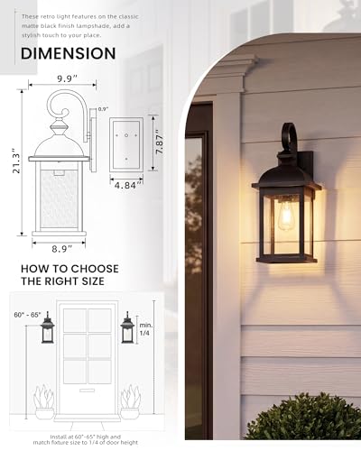 FEMILA Outdoor Wall Sconce, 21" Large Outdoor Wall Lantern Porch Lights for Entryway, Patio, Garage, Doorway, Anti-Rust Waterproof, UL Listed, 4FD54B2 BK - color: Matte Black, Seeded Glass, size: 21", Single Unit
