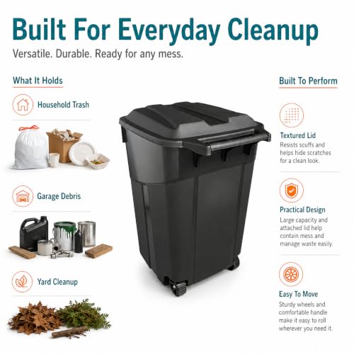 32 Gallon Wheeled Garbage Can with Attached Snap-Lock Lid, Black, 1-Pack - size: 32Square