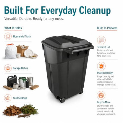 32 Gallon Wheeled Garbage Can with Attached Snap-Lock Lid, Black, 1-Pack - size: 32Square