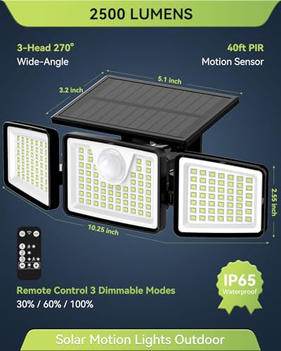 daphino 2500LM Solar Lights, Motion Sensor Outdoor Lights, 3-Head, 2 Pack - size: 3Head-Remote-2 Pcs
