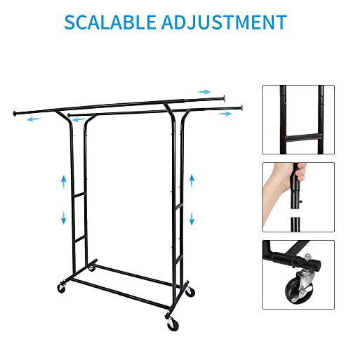 Fishat Black 60" H Heavy Duty Double Rod Rolling Clothes Garment Rack - color: Black