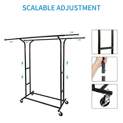 Fishat Black 60" H Heavy Duty Double Rod Rolling Clothes Garment Rack - color: Black
