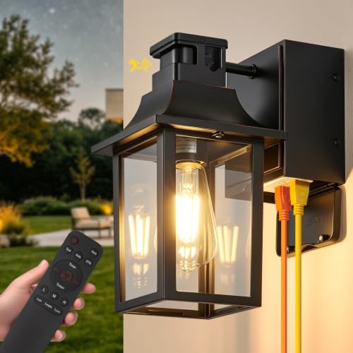 Porch Light with GFCI Outlet with Remote,Dusk to Dawn Motion Sensor Light - color: Black With Rose Gold Trim