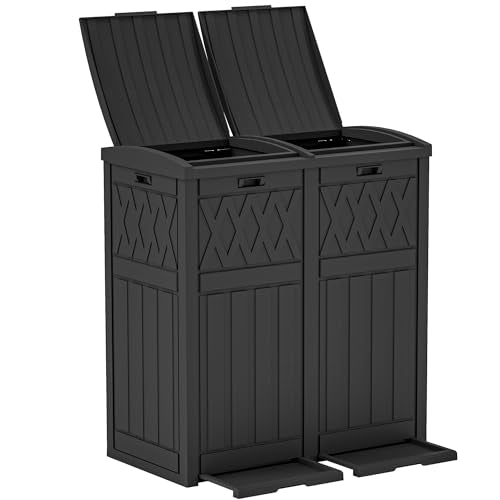 DWVO 72-Gallon Dual Outdoor Trash Can, Waterproof Resin Garbage Can with Tiered Lid & Drip Tray, Trash Bin for Patio, Deck, and Backyard, Black - color: Black, size: 72 Gallon