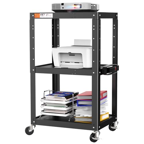 3 Shelf Metal Utility Cart - Durable Computer Cart on Wheels with Power Strip,Height Adjustable AV Presentation Cart Stand for Movie Projector,TV and Laptop Computers,Easy to Assemble, Black - style: AV Cart(M-AV-JS)