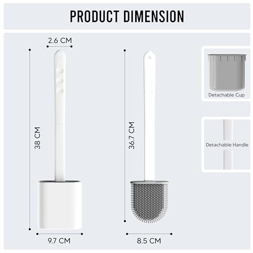 Silicone Toilet Brush and Holder Set – Pack of 2 Wall Mounted Toilet Scrubber Brush White – Long Non-Slip Handle, Modern Design, Flexible Bristles for Easy Cleaning - color: White, size: Pack of 2