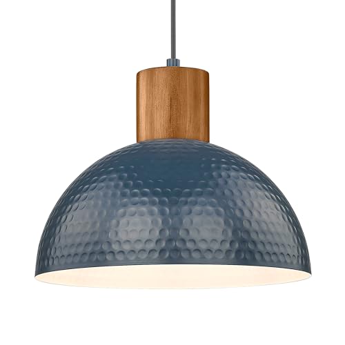 ELYONA Industrial Pendant Light 12" Hammered Metal Dome Hanging Lamp Solid Wood Pendant Light Fixtures for Kitchen Island, Farmhouse, Dining Room, Sink, Bedroom, Hallway, Modern Blue - color: Blue - 1 Pack