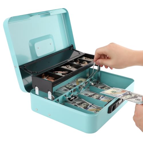 Cash Box with Snap-Latch Combo Lock & Money Tray, Spill-Proof Sliding Coin Lid Design, Durable Metal Money Box, Safe Storage for Home & Small Business, 11.8" x 9.5" x 3.5", SnCmb-Robin's Egg - color: SnCmb-Robin's Egg