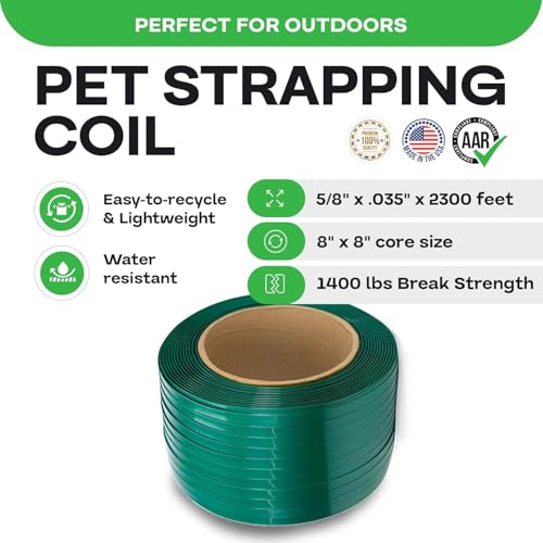 IDL Packaging 5/8" x .035" x 2300' Polyester (PET) Strapping Roll of 8" x 8" Core Size, 1400 lbs Break Strength, Green, Smooth - UV and Rust Resistant - size: 5/8W" x 2300L' (1400 lbs BS, 8x8 Core)
