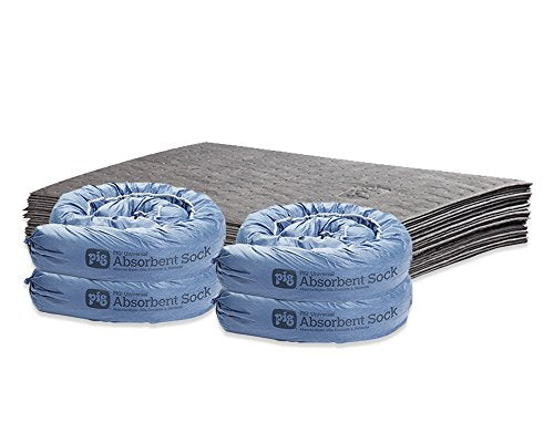 PIG Absorbing Cleanup Kit | (4) 3” x 48” Absorbent Socks and (25) 15” x 19” Absorbent Pads | PM50089