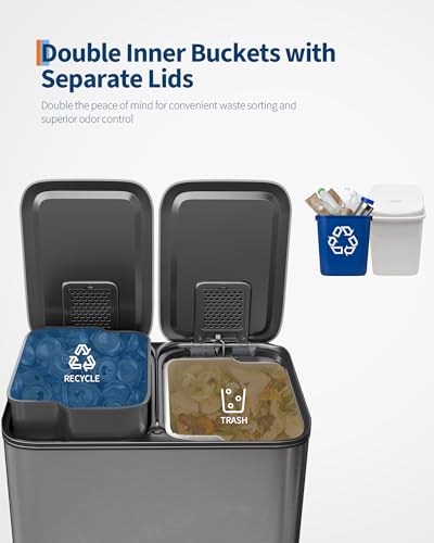Large Stainless Steel Dual Compartment Recycling Trash Can 2 * 30 l/16 Gal Recycle Bins with Lid Waste Bin with Removable Buckets, Bathroom,Kitchen Garbage Can Rectangle Garbage Bin,Gray - color: gray, size: 2*30L