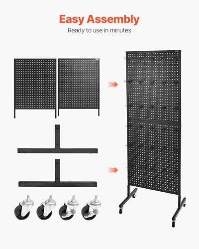 VEVOR Standing Pegboard Display, 23.6 x 63 in Pegboard Display Stand with Swivel Casters and 30 Hooks, Thickened Cold-Rolled Steel Peg Board Panel for Grocery, Retail Store and Jewelry Shop, Black