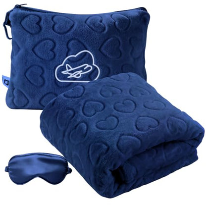 Travel Blanket, Airplane Blanket, Ultra-Soft, Warm & Lightweight, 65x40 in, Outdoor Blanket Essentials for Women, Men & Kids, Included Eye Mask, Luggage Sleeve & Backpack Clip Heart Navy Blue - color: Heart Navy Blue