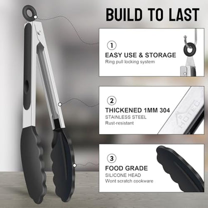 HOTEC Stainless Steel Kitchen Tongs with Silicone Tips, Set of 2-7" and 9" - color: Black:9+7inch