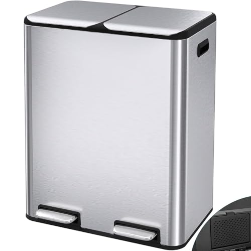 Arlopu 16Gal Dual Trash Can w/2 Built-in Box for Odor Control - color: Silver