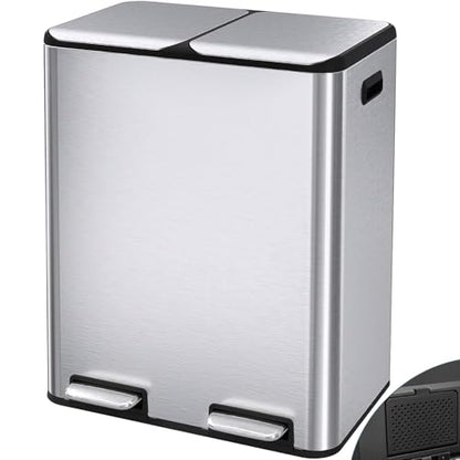 Arlopu 16Gal Dual Trash Can w/2 Built-in Box for Odor Control - color: Silver