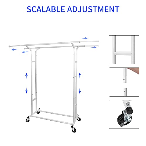 Fishat White 60" H Heavy Duty Double Rod Rolling Garment Clothes Rack - color: White