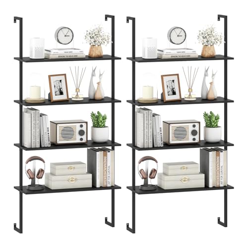 Tangkula 4-Tier Wall Mounted Bookshelf, Wood Ladder Shelf - color: Black