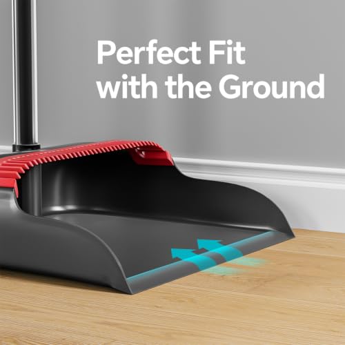 Broom and Dustpan Set, 52" Long Handle with Dust Pan Teeth, Red - color: Black & Red