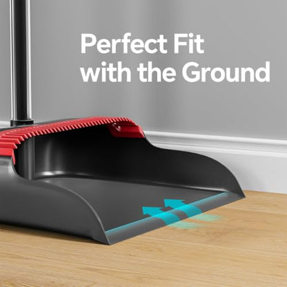 Broom and Dustpan Set, 52" Long Handle with Dust Pan Teeth, Red - color: Black & Red