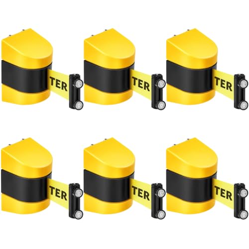 6 Pack Magnetic Retractable Wall Mount Barrier, 16.4 ft Crowd Control Safety High Visibility Caution Belt with Heavy Duty ABS Case for Retail, Stadium, Warehouse & Loading Dock